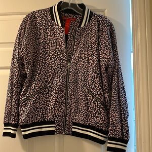 Pink and blue leopard bomber with black and white stripe trim